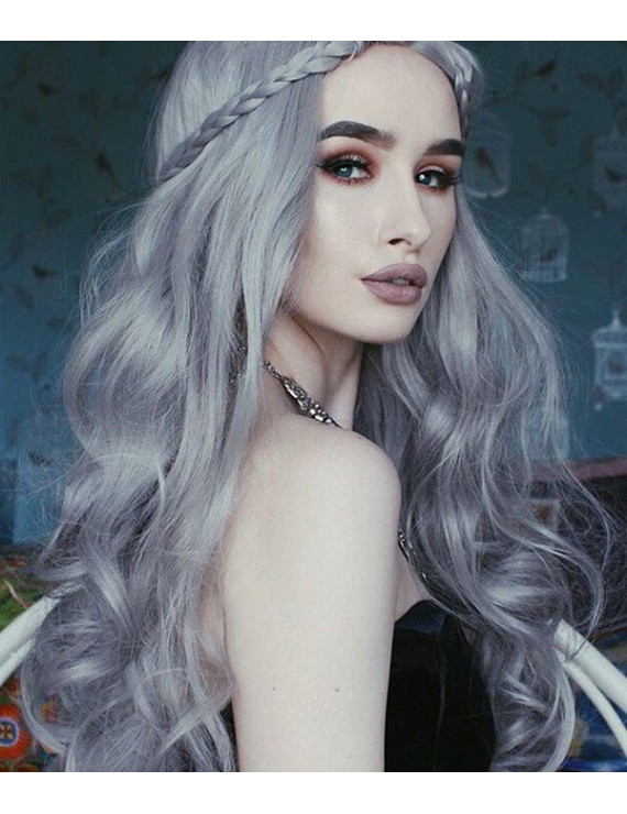 Cool Bright Silver Long Wavy Synthetic Hair Lace Front Wig 24 Inch
