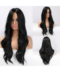 Heat Resistant Fiber Synthetic Black Long Wavy Wig for Women Full bangs Classic Costume wig 