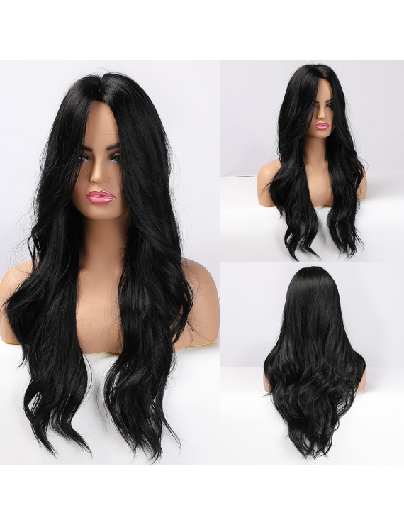 Heat Resistant Fiber Synthetic Black Long Wavy Wig for Women Full bangs Classic Costume wig 