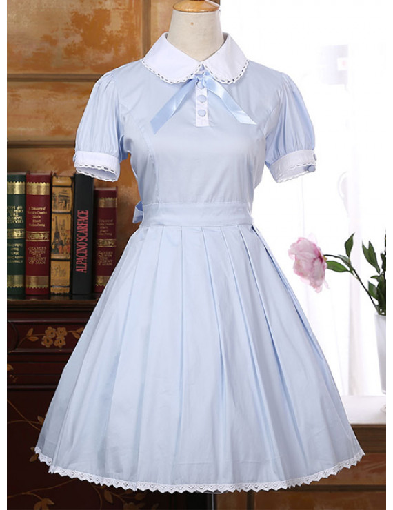 School Lolita Dress Cotton Pink Blue Lapel Bowknot School Dress