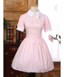 School Lolita Dress Cotton Pink Blue Lapel Bowknot School Dress