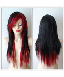 Red Black Gray Long Straight Rihanna Layered Haircut Wig With Bangs 26 inch