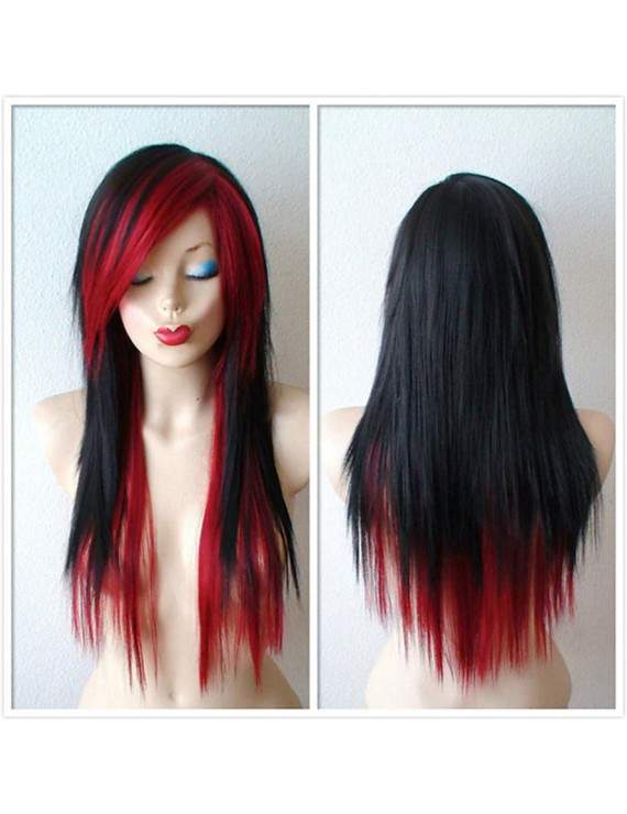 Red Black Gray Long Straight Rihanna Layered Haircut Wig With Bangs 26 inch