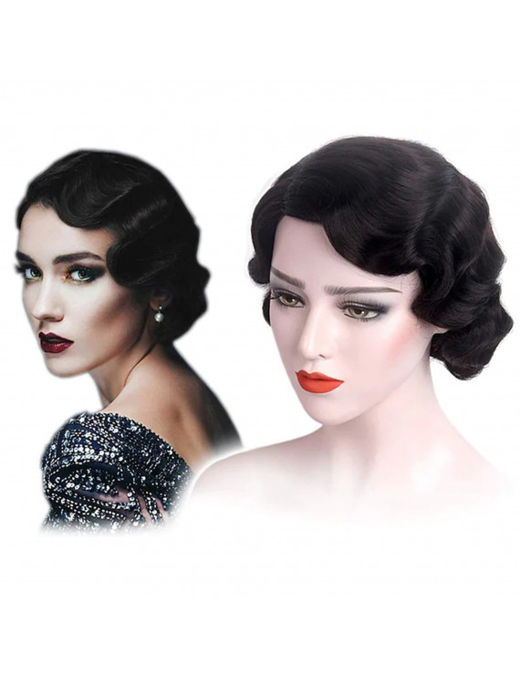 Black Finger Wave Short Curly Synthetic Hair Wig for Women