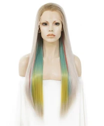 Long Colorful Synthetic Lace Front Wigs Rainbow Cosstume Wig 24 Inch